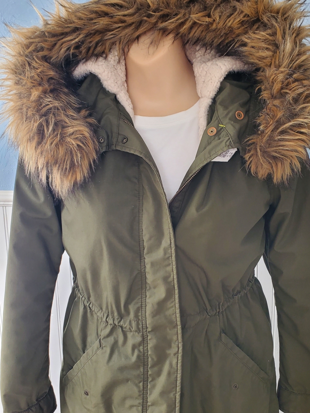 Womens Olive Green Faux Fur Hooded Parka Militaey Jacket